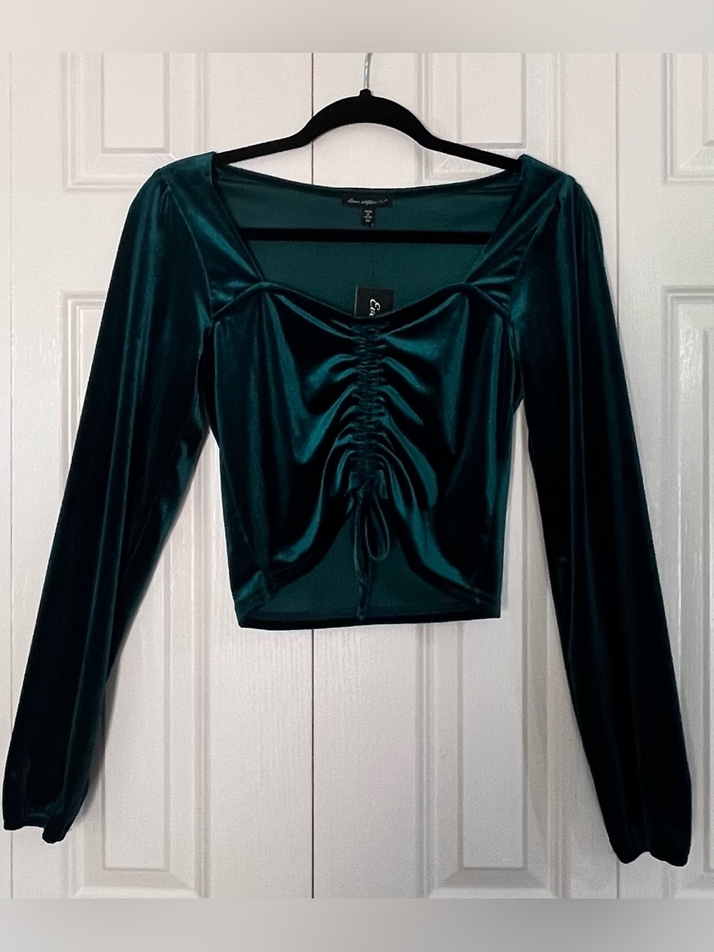 Emerald Green Ever After Velvet Ruched Long-Sleeve Crop Top Cinched  Medium New